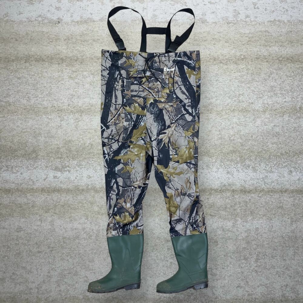 Vintage 90s Hunting Camo Waders Overalls 38x30 Green Rubber Boots Waterproof